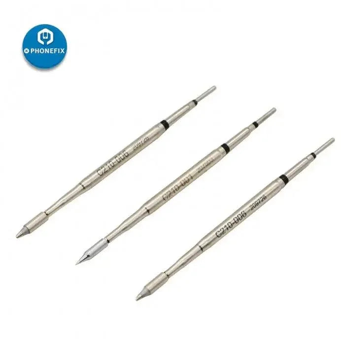 JBC C210 soldering iron tip set for T210 handle, including C210002, C210018, and C210020, for precise electronic soldering.