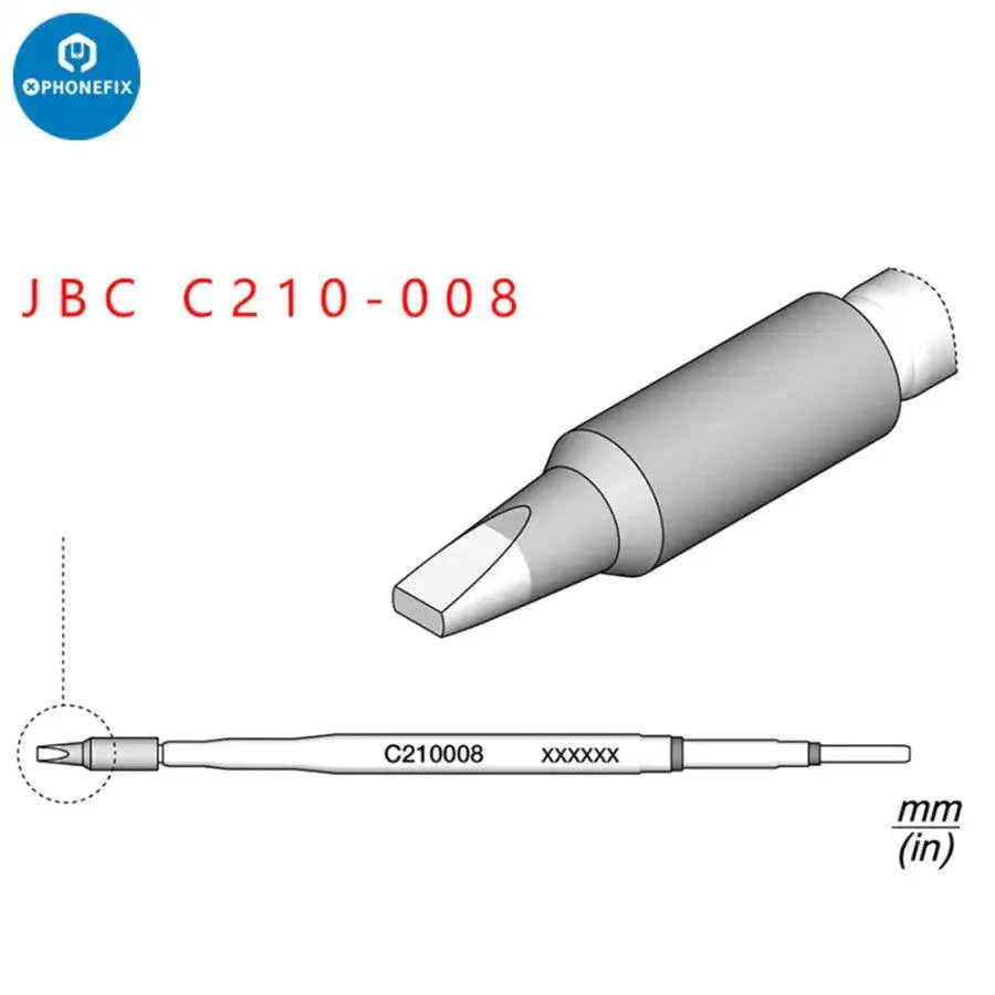 JBC C210 soldering iron tip set for T210 handle, including C210002, C210018, and C210020 tips, shown on a white background.