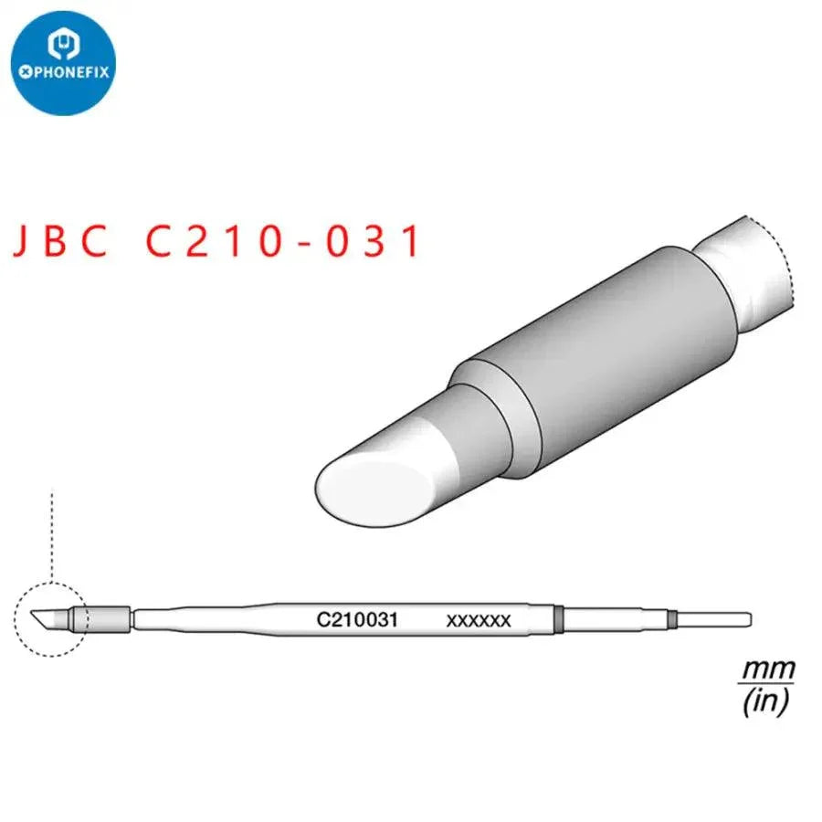 JBC C210 soldering iron tips C210002, C210018, C210020 for JBC T210 handle, shown in a close-up image, brand PHONEFIX