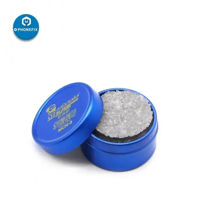 PhoneFix mechanic solder iron head clean cream for oxidative welding, shown next to iron tips and nozzles.