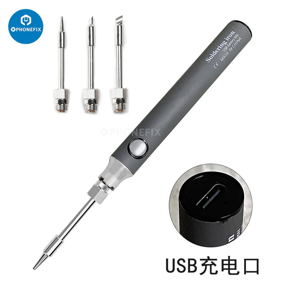 Mini portable USB soldering iron with replaceable tips, 5V 8W from PHONEFIX, suitable for precise electronics soldering.