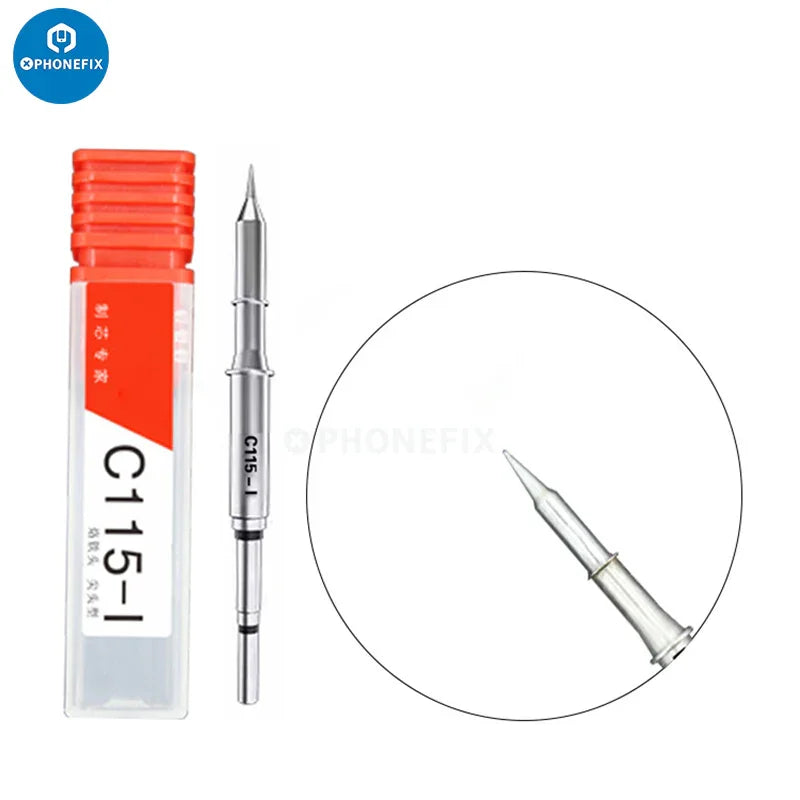 JBC C115 Series soldering tip for JBC Sugon T115 soldering station, shown on an iron tip for electronics repair.