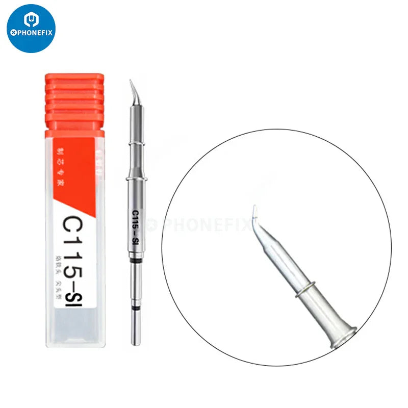JBC C115 Series soldering iron tip for Sugon T115 station, PHONEFIX brand, close-up of metallic soldering tip on a soldering station
