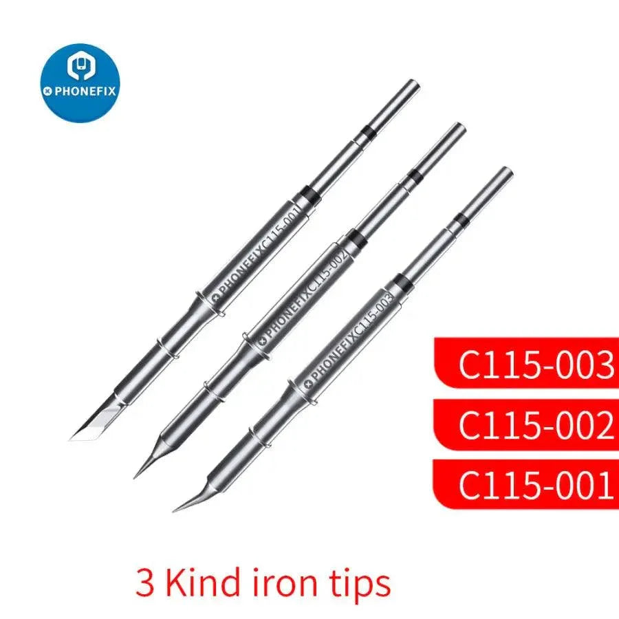 OEM C115 soldering iron tips for JBC NT115-A Nano handle, PHONEFIX brand, close-up of replacement tips for precision soldering.