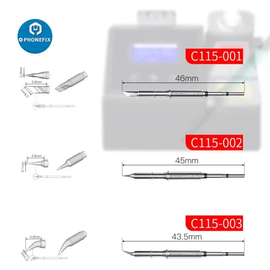 OEM C115 soldering iron tips for JBC NT115-A Nano Handle, PhoneFix brand, shown on a soldering iron tip set.
