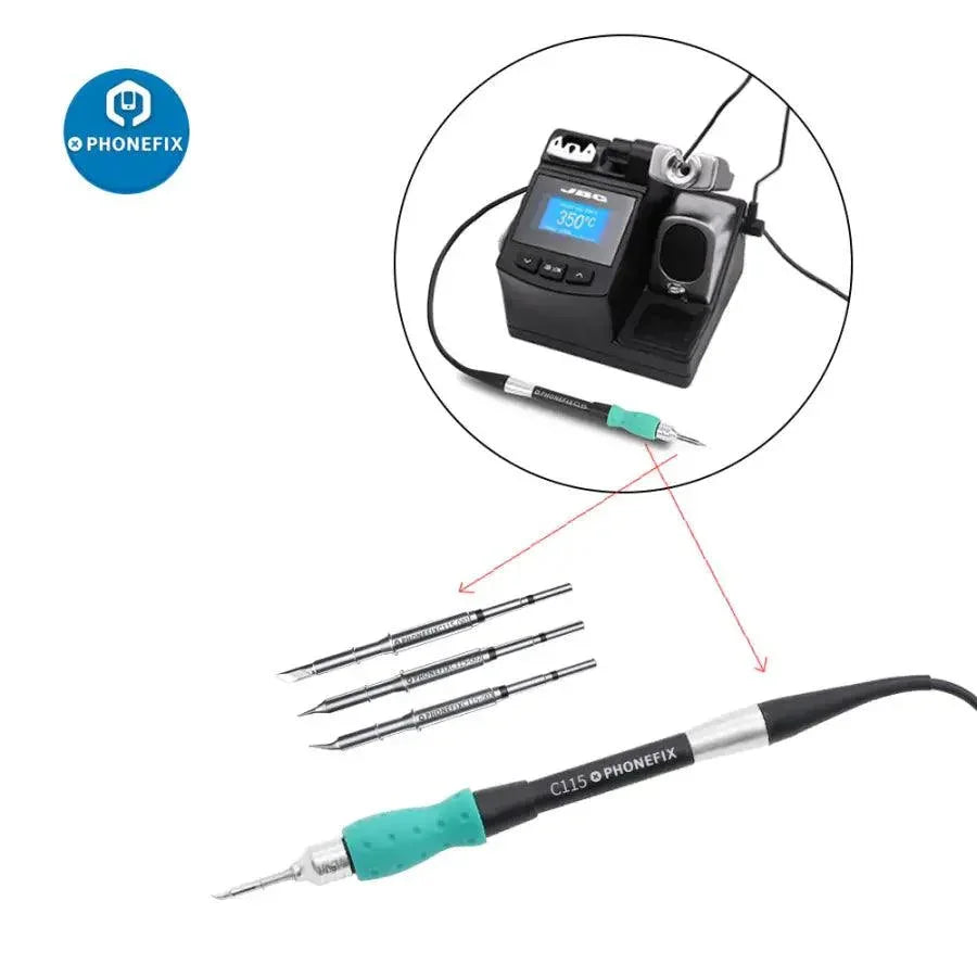 OEM C115 soldering iron tips for JBC NT115-A Nano Handle, PHONEFIX brand, showing close-up of replacement iron tips and nozzles.