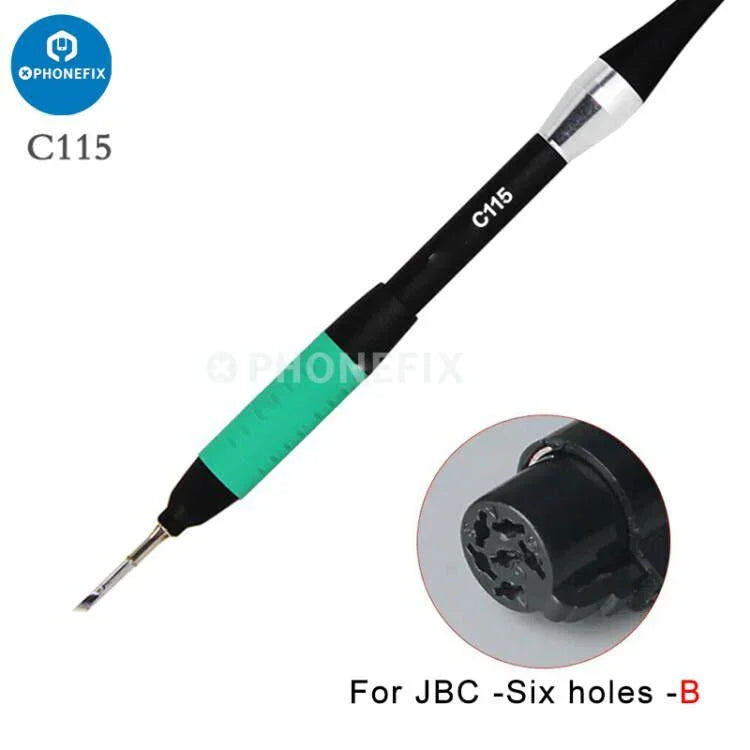 OEM 6-pin JBC T210/245/115 soldering handle with 6-hole design, compatible with PHONEFIX iron tips and nozzles.