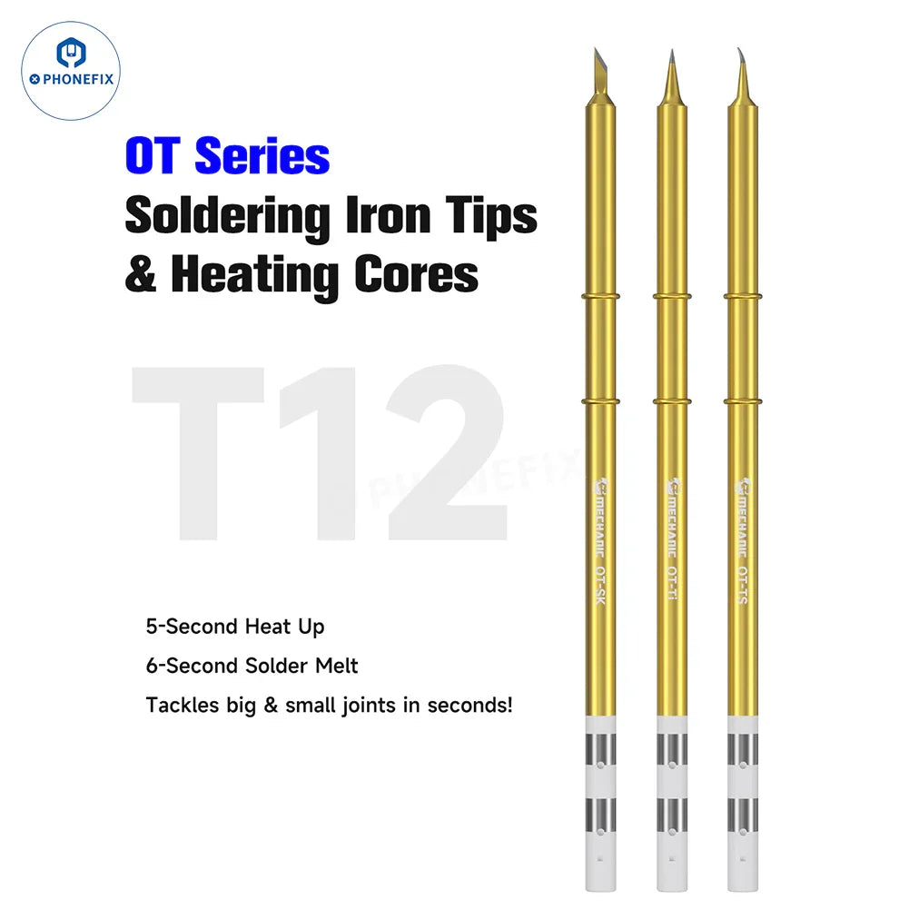 PhoneFix MECHANIC OT Series soldering iron tips for T12 950 rework station, precision iron tips for electronics repair.