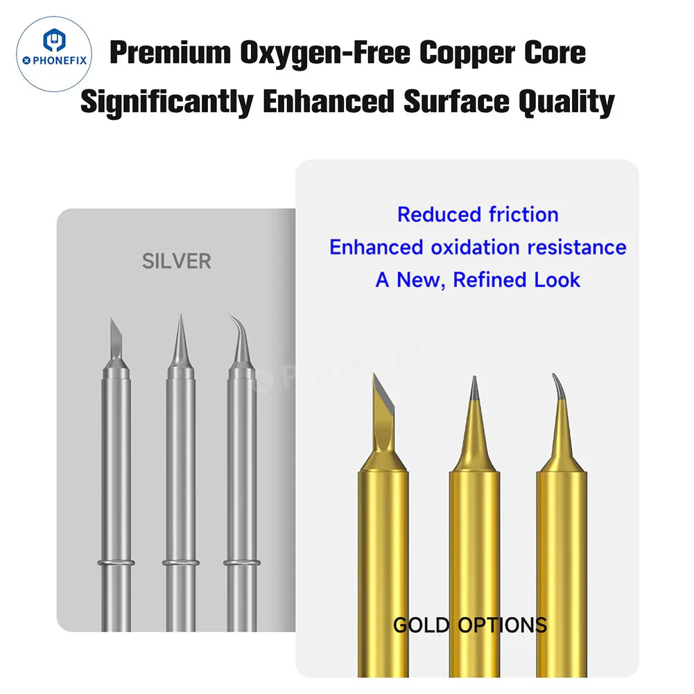 Set of three PHONEFIX MECHANIC OT Series soldering iron tips for T12 950 rework station, featuring different tip shapes for precise soldering.