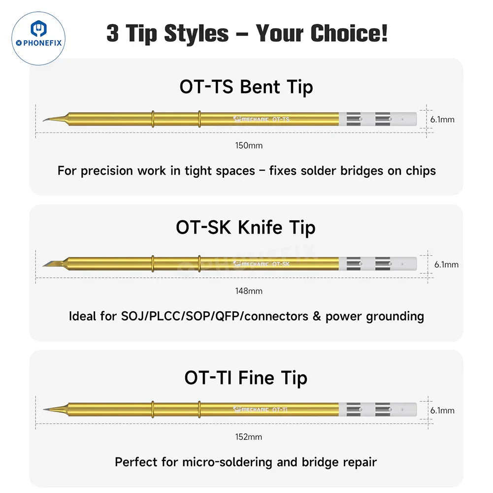 Set of three PHONEFIX MECHANIC OT Series soldering iron tips for T12 950 rework station, compatible with T12 soldering irons.