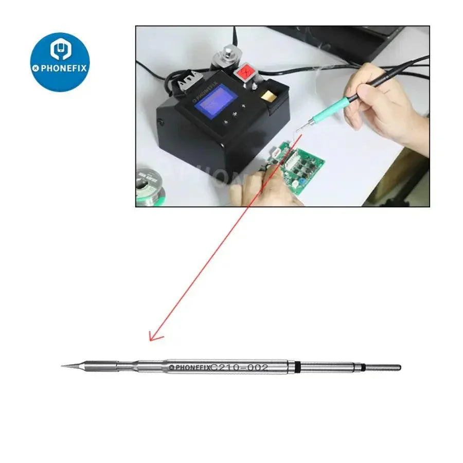 OEM C210 Series soldering iron tips and cartridges for JBC T210 handle, PhoneFix brand, for precise soldering tasks.