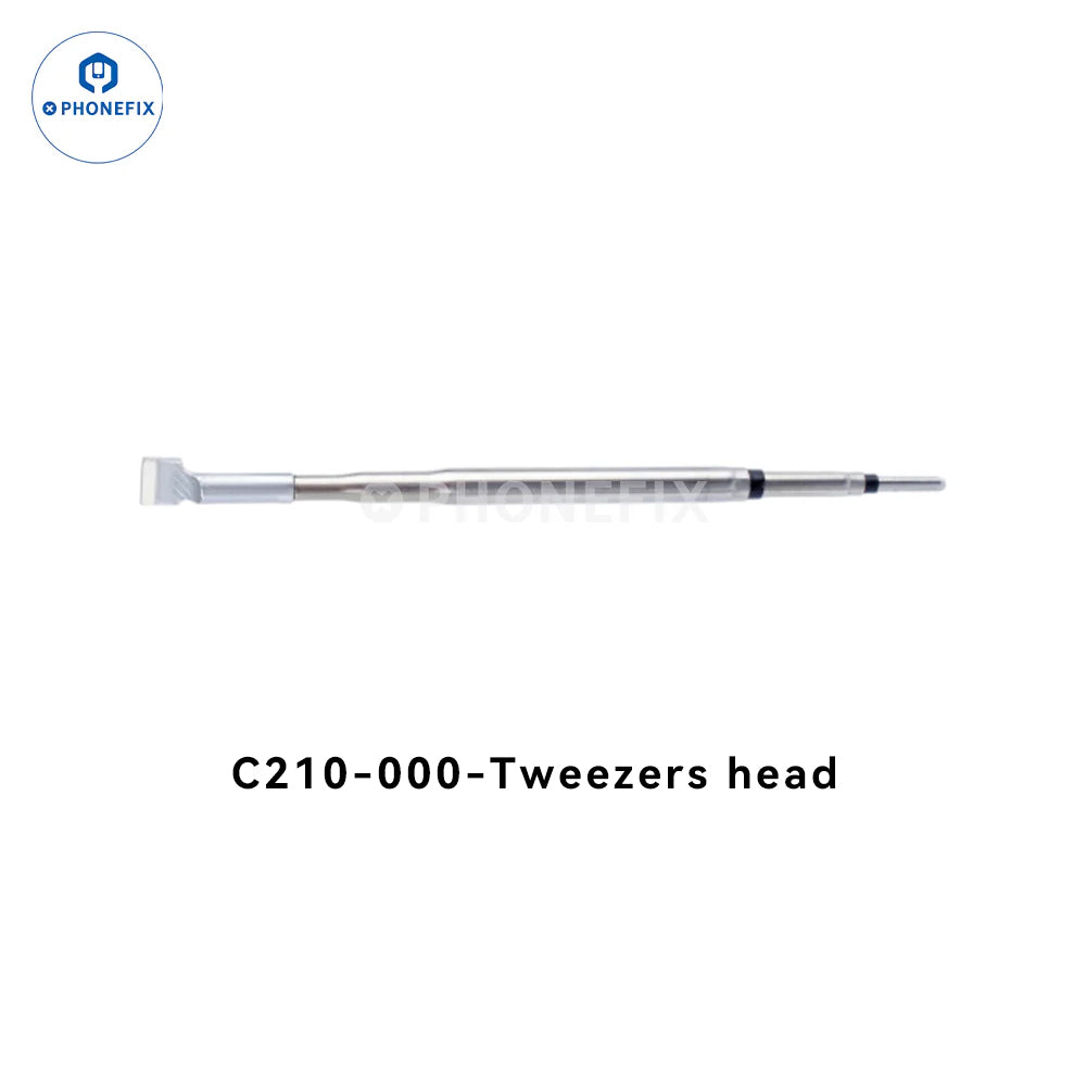 Close-up of JBC C210 soldering iron tip C210002/018/020 with tweezers, designed for JBC T210 handle, by PHONEFIX.