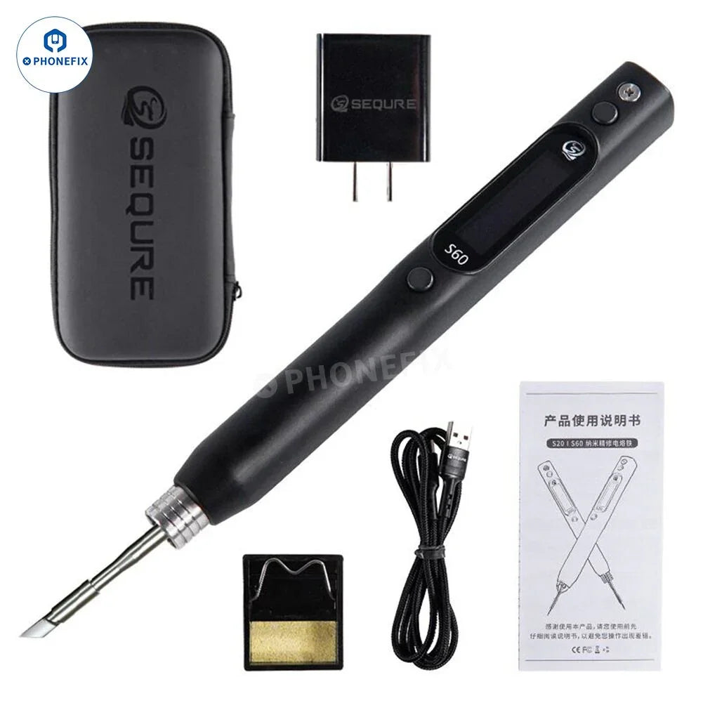 PhoneFix portable electric soldering iron kit with tips and nozzles for phone PCB BGA welding repair, USB plug, compact and versatile.