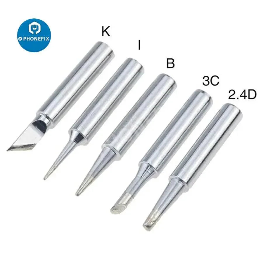 Set of five PHONEFIX 900M I B K 2.4D 3C soldering iron tips for 936 soldering irons, precise and durable for electronics repair.