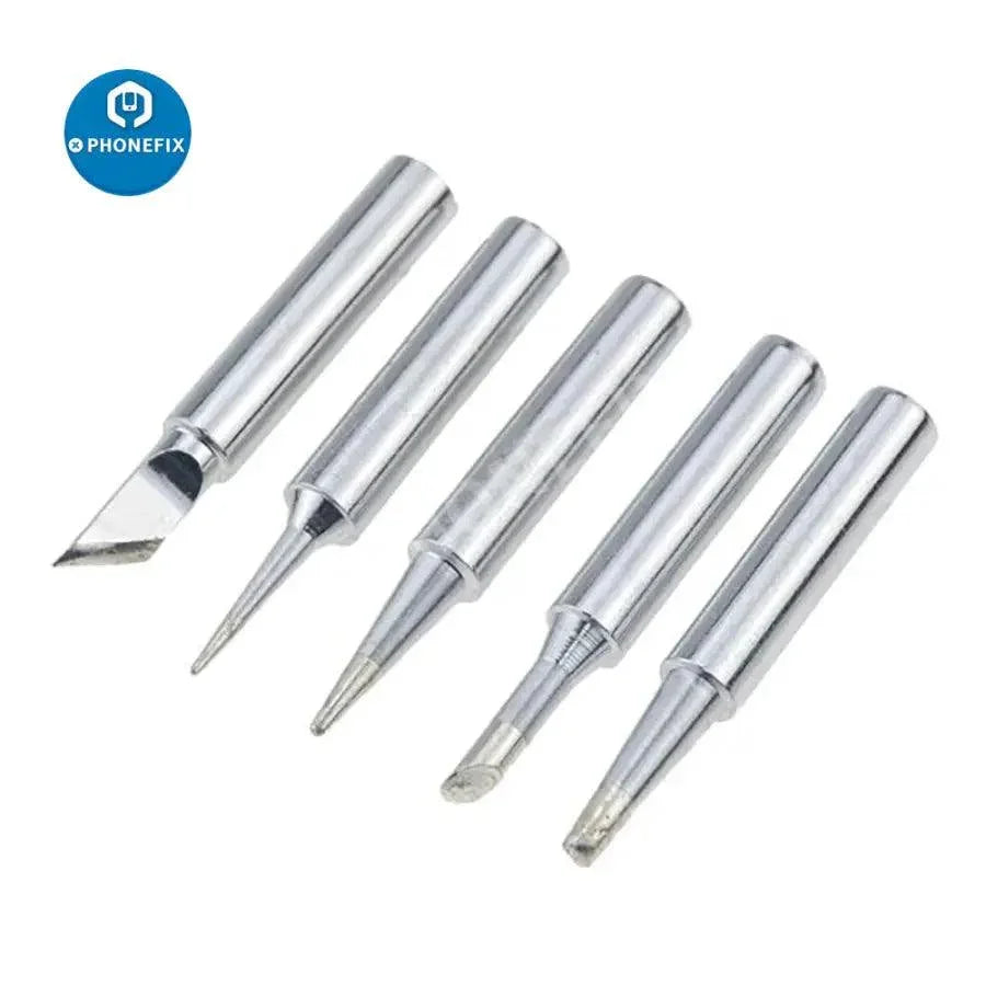 Set of five PHONEFIX 900M I B K 2.4D 3C inside hot tip soldering iron heads for precise soldering work.