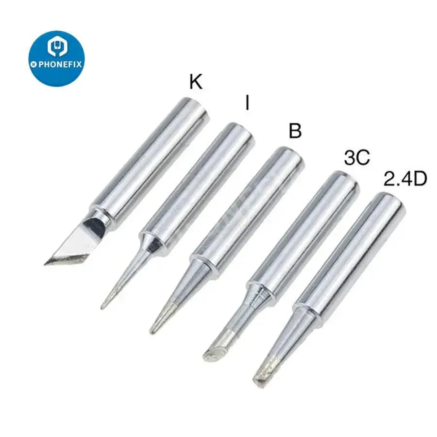 Set of five PHONEFIX 900M I B K 2.4D 3C soldering iron tips and nozzles for precise electronic soldering tasks.