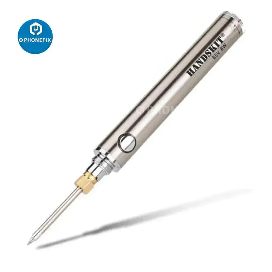 PhoneFix rechargeable 5V 8W wireless soldering iron with replacement tips and nozzles for precision welding and electronics repair.