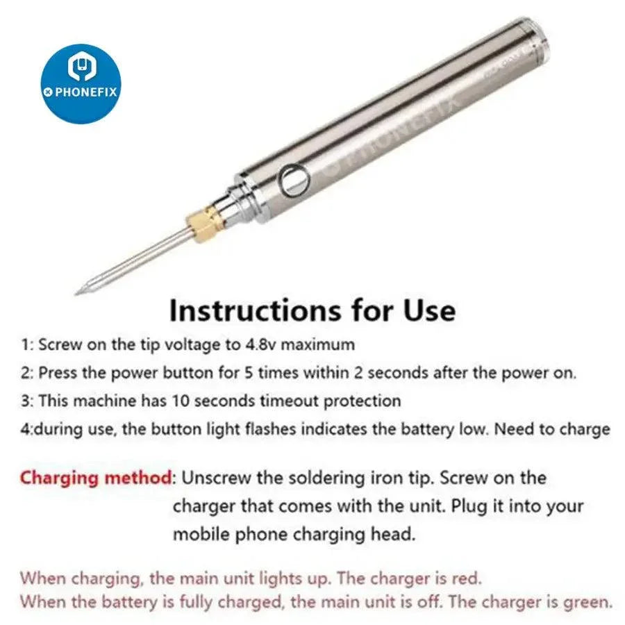 PhoneFIX 5V 8W rechargeable wireless soldering iron with iron tips and nozzles for precise electronic soldering.