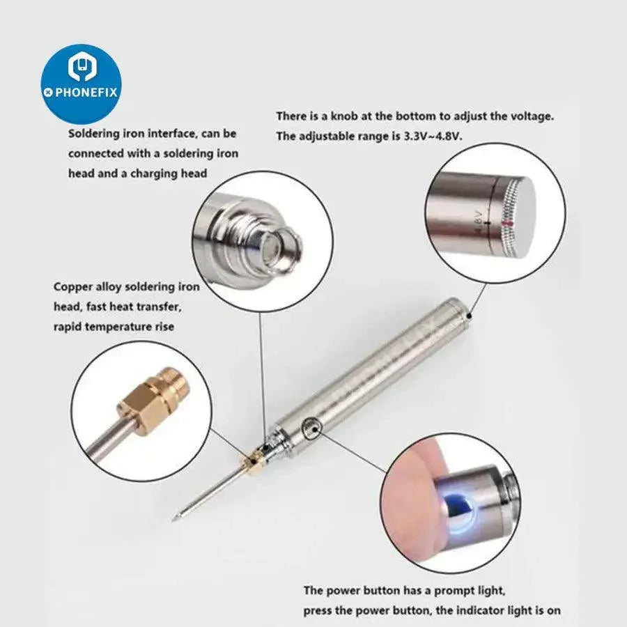 PhoneFIX wireless rechargeable soldering iron with iron tips and nozzles, 5V 8W electric welding pen for electronics repair.