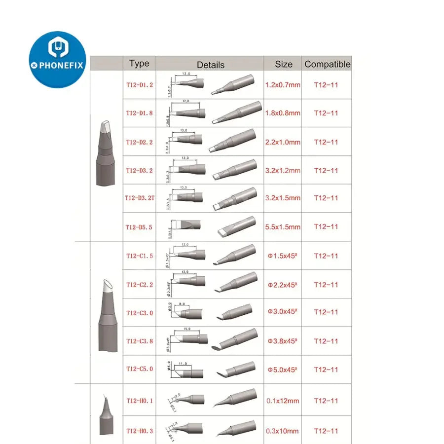 PhoneFix T12-11 lead-free soldering iron tip for soldering and welding, replacement part for precision electronic repairs.