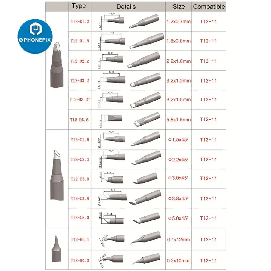 PhoneFix T12-11 lead-free soldering iron tip for soldering and welding, replacement part for iron tips and nozzles.