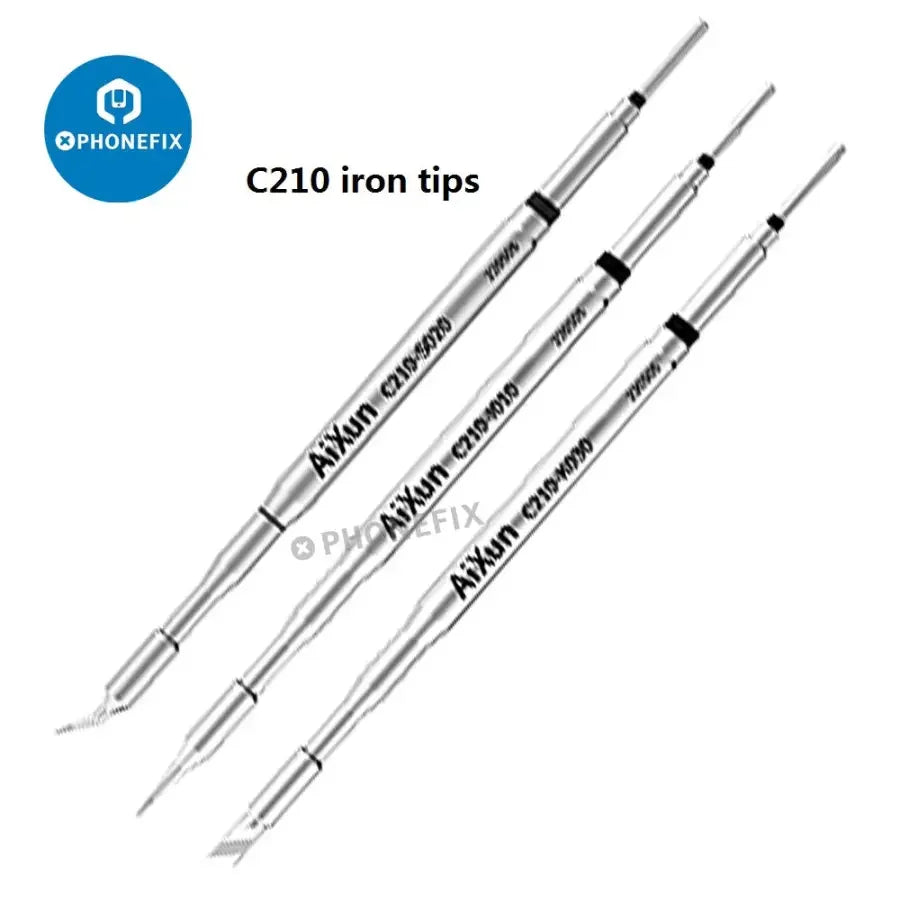 PhoneFix soldering handle iron tips T210, T115, T245 for AIXUN T420D soldering station, shown in close-up.