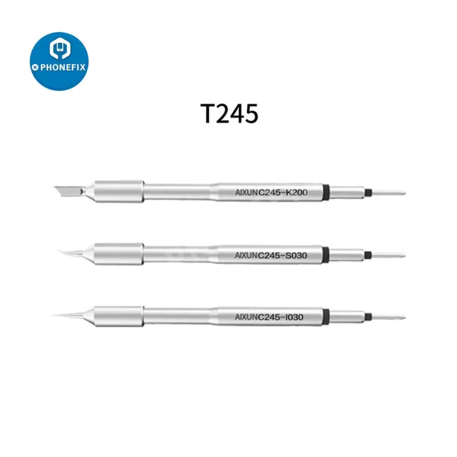 PHONEFIX T245 soldering iron tip set with handle seat for Aixun T3A and T3B, featuring various iron tips and nozzles.