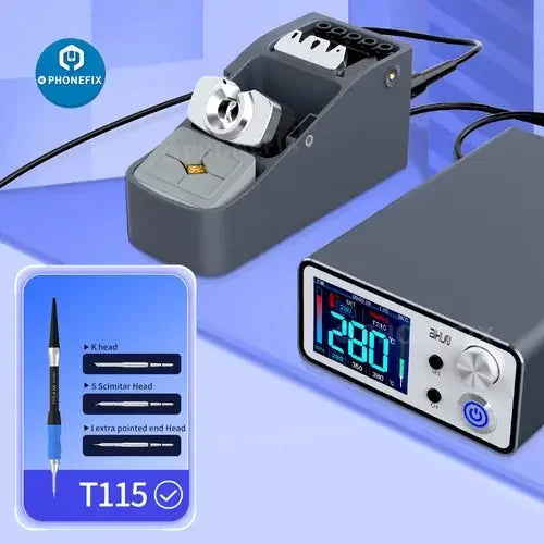 PhoneFix T245 soldering iron tip set with handle seat for Aixun T3A and T3B, featuring precision iron tips and nozzles.