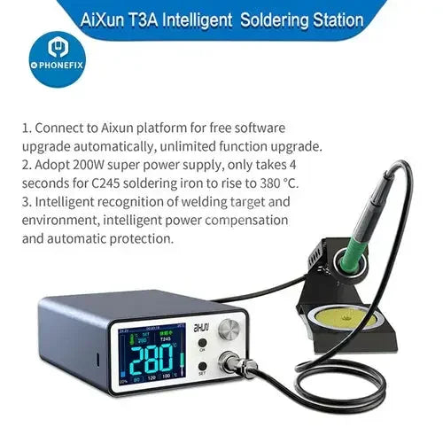 Phonefix T245 soldering iron tip set with handle seat for Aixun T3A and T3B soldering irons, includes various tip and nozzle options.
