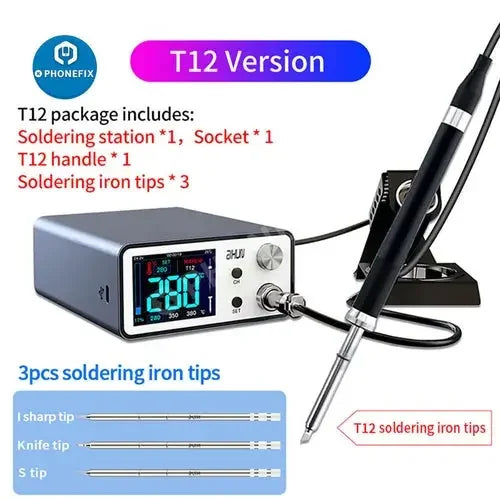 Phonefix T245 soldering iron tip set with handle seat for Aixun T3A and T3B, featuring iron tips and nozzles for precise soldering.