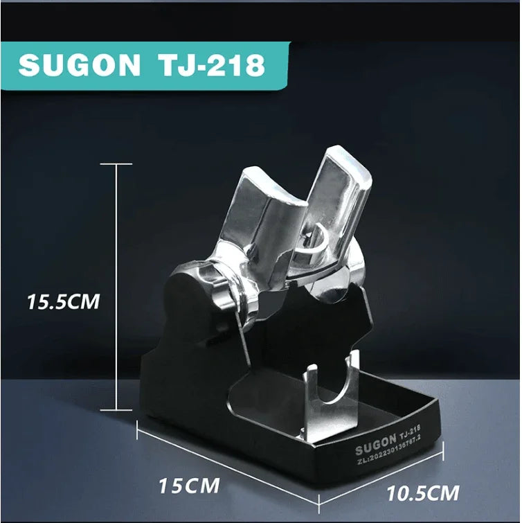 Phonefix Sugon TJ218/251/252 auto sleep bracket for heat gun rework station, shown with iron tips and nozzle attachments.