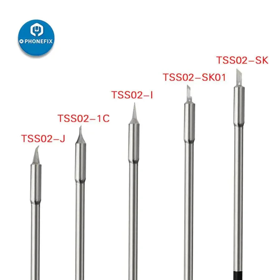 Original PHONEFIX electric solder iron tips for QUICK TS1200A soldering station, showing replacement tips and nozzles for precise soldering.