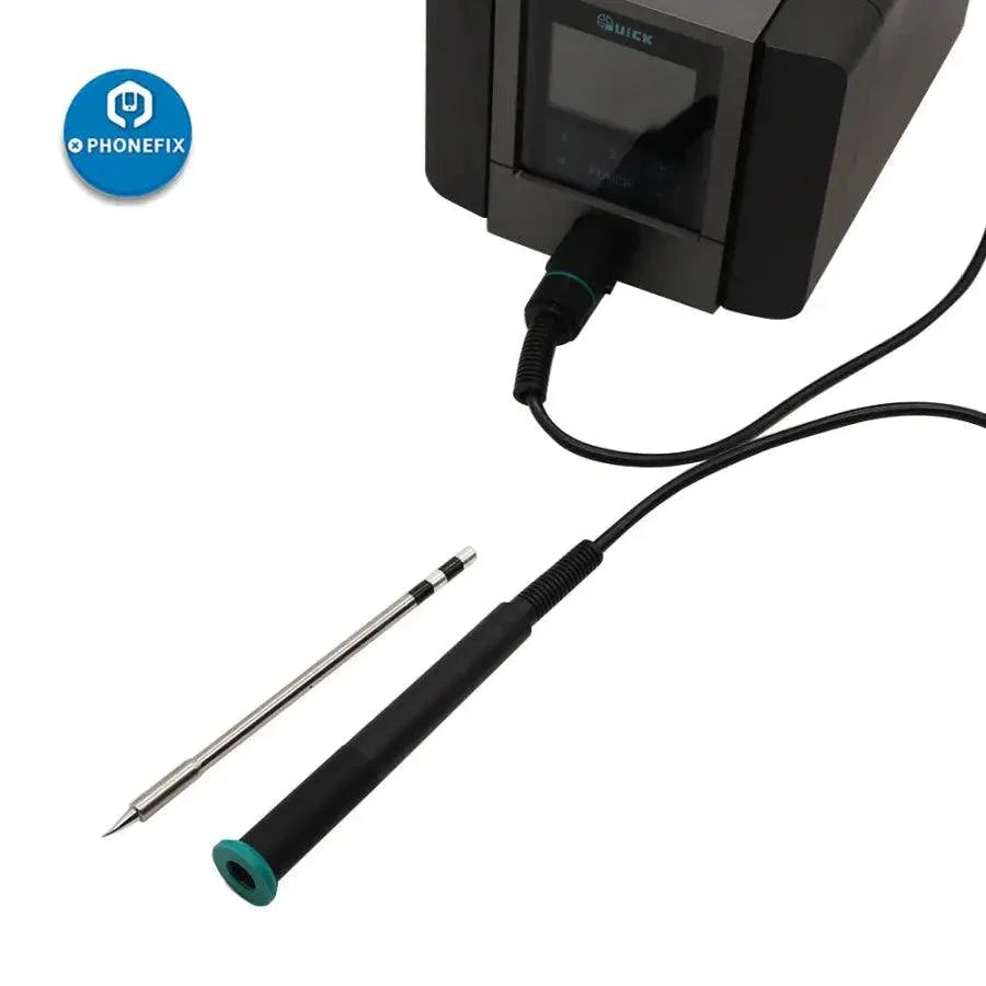 Original PHONEFIX electric soldering iron tips for QUICK TS1200A soldering station, showing close-up of metal tips and nozzles.