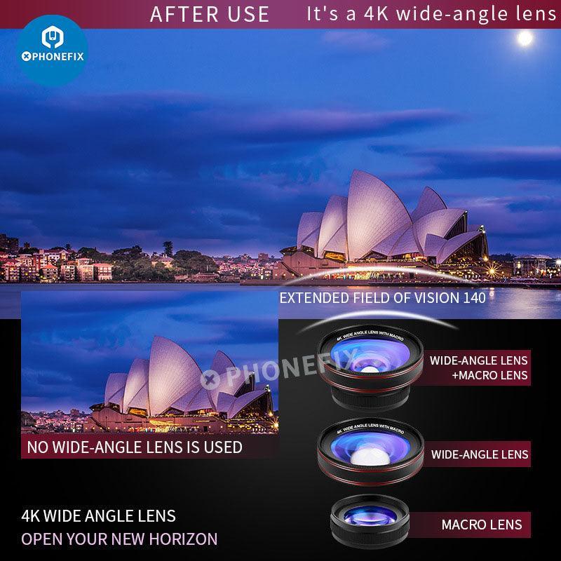 PhoneFix 2-in-1 4K HD wide-angle and macro lens with LED lamp for phone camera, showing lens attachment and LED light.