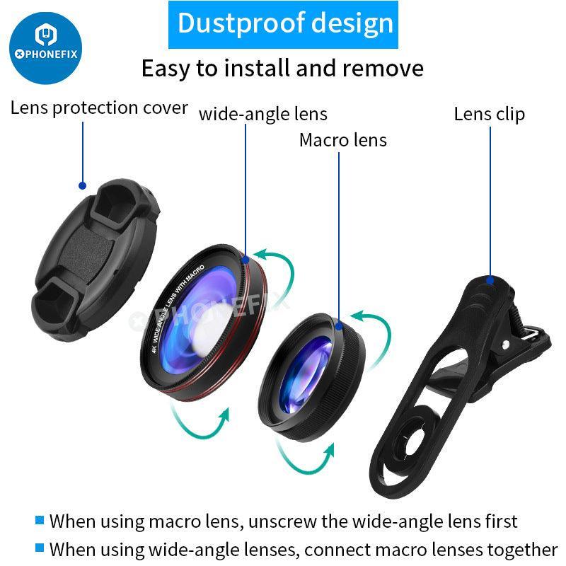 PhoneFix 2-in-1 4K HD wide-angle macro lens with LED lamp attached to a smartphone camera for enhanced photography.
