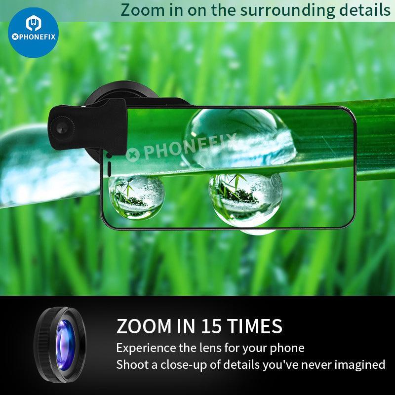 PHONEFIX 2-in-1 4K HD wide-angle and macro phone camera lens with LED lamp, capturing detailed close-up and wide shots.