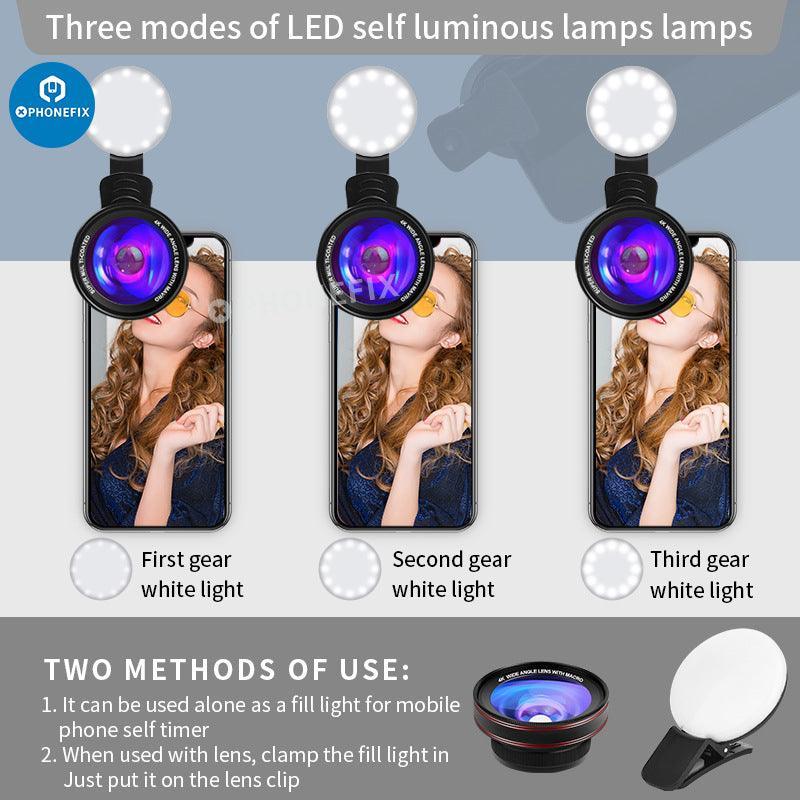 PHONEFIX 2-in-1 4K HD wide-angle macro lens with LED lamp for phone camera, showing the lens attachment and LED light on a smartphone