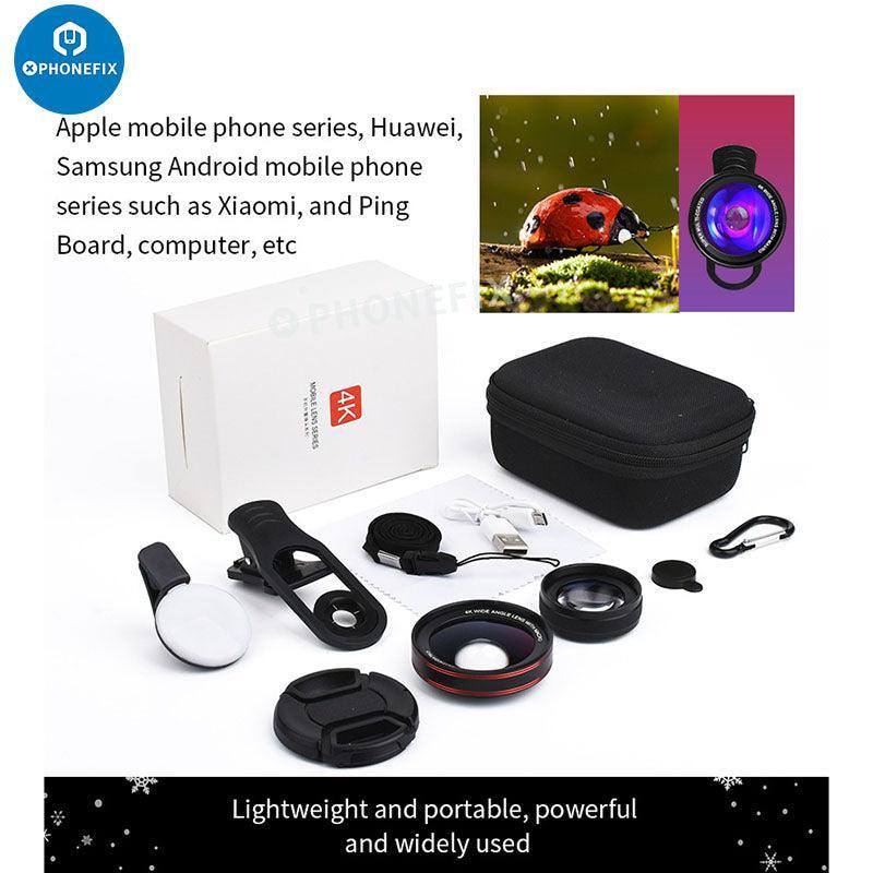 PhoneFix 2-in-1 4K HD wide-angle macro lens with LED lamp for phone camera, showing the lens attached to a smartphone.