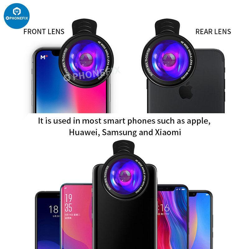 PHONEFIX 2-in-1 4K HD wide-angle macro lens with LED lamp for phone cameras, showcasing the lens attached to a smartphone.