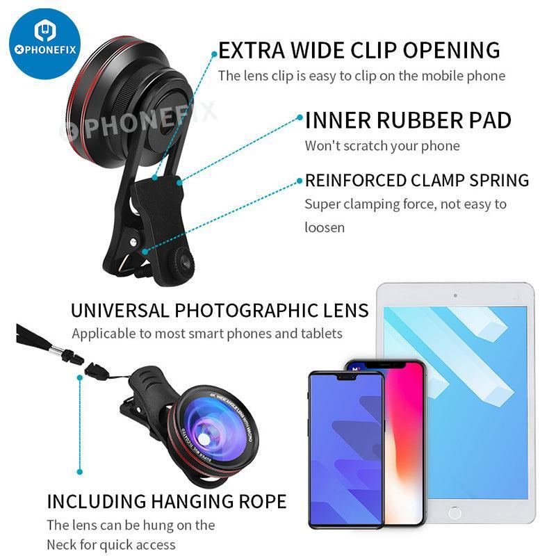 PhoneFix 2-in-1 4K HD wide-angle macro lens with LED lamp attached to a smartphone camera for enhanced photo capturing.