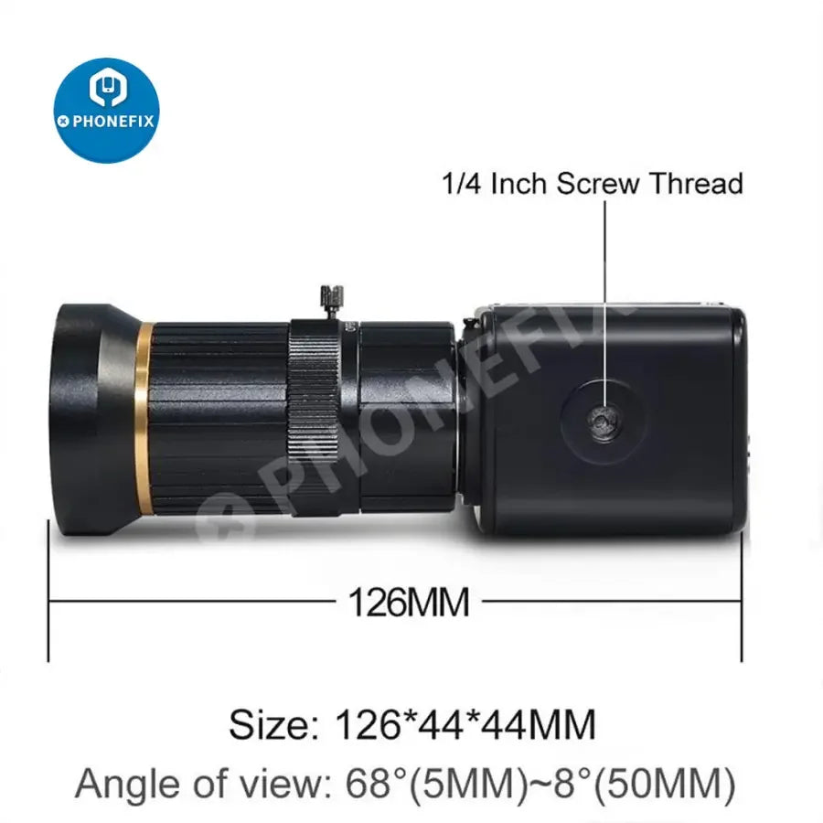 PHONEFIX HD 1080P 2.0MP lens for industry video cameras, with 5-50mm zoom, HDMI connectivity, suitable for live video recording.