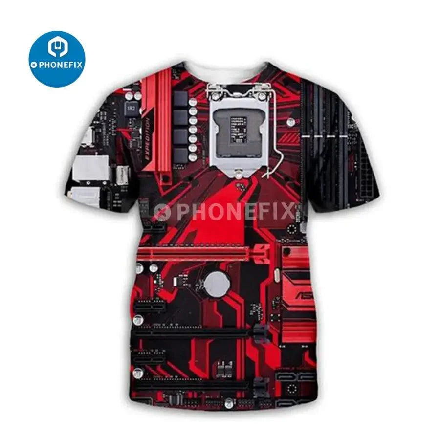 Brown men's T-shirt featuring electronic IC 3D print with hip-hop style, designed for phone repair enthusiasts by PHONEFIX.
