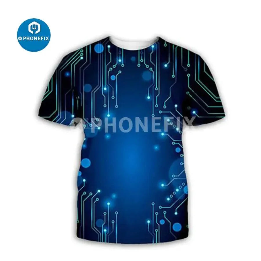 Electronic IC 3D print hip-hop style T-shirt for men from PHONEFIX, featuring phone repair graphics in brown color.