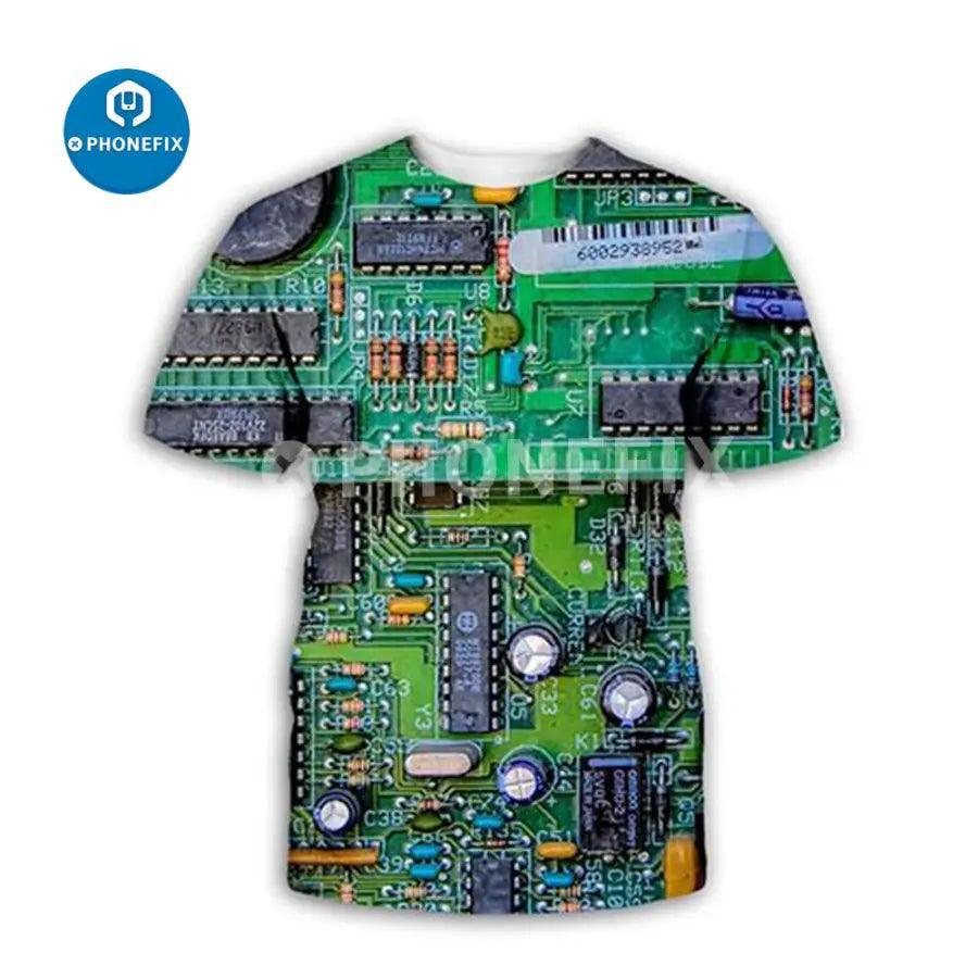 Brown PHONEFIX men's T-shirt with electronic IC 3D print, featuring hip-hop style design for phone repair enthusiasts.