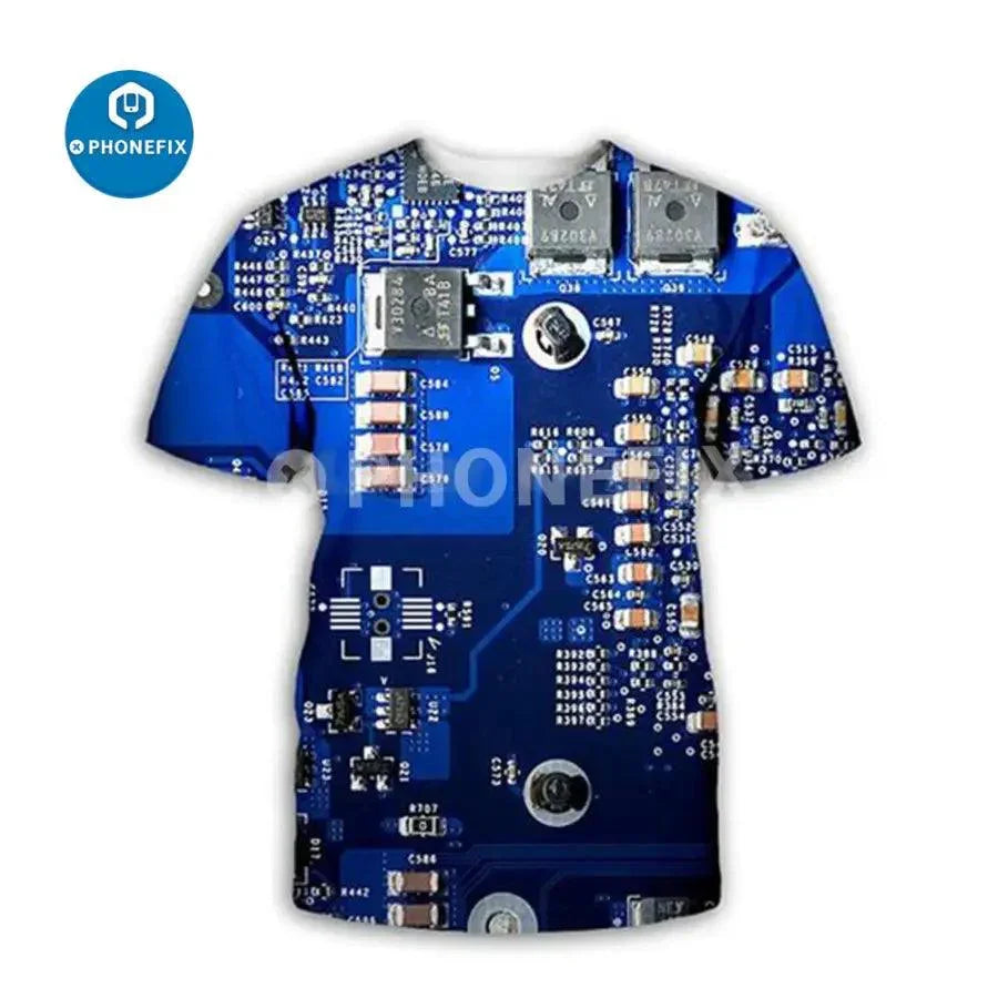 Brown PHONEFIX men's 3D print hip-hop style T-shirt featuring electronic IC design, ideal for phone repair enthusiasts.