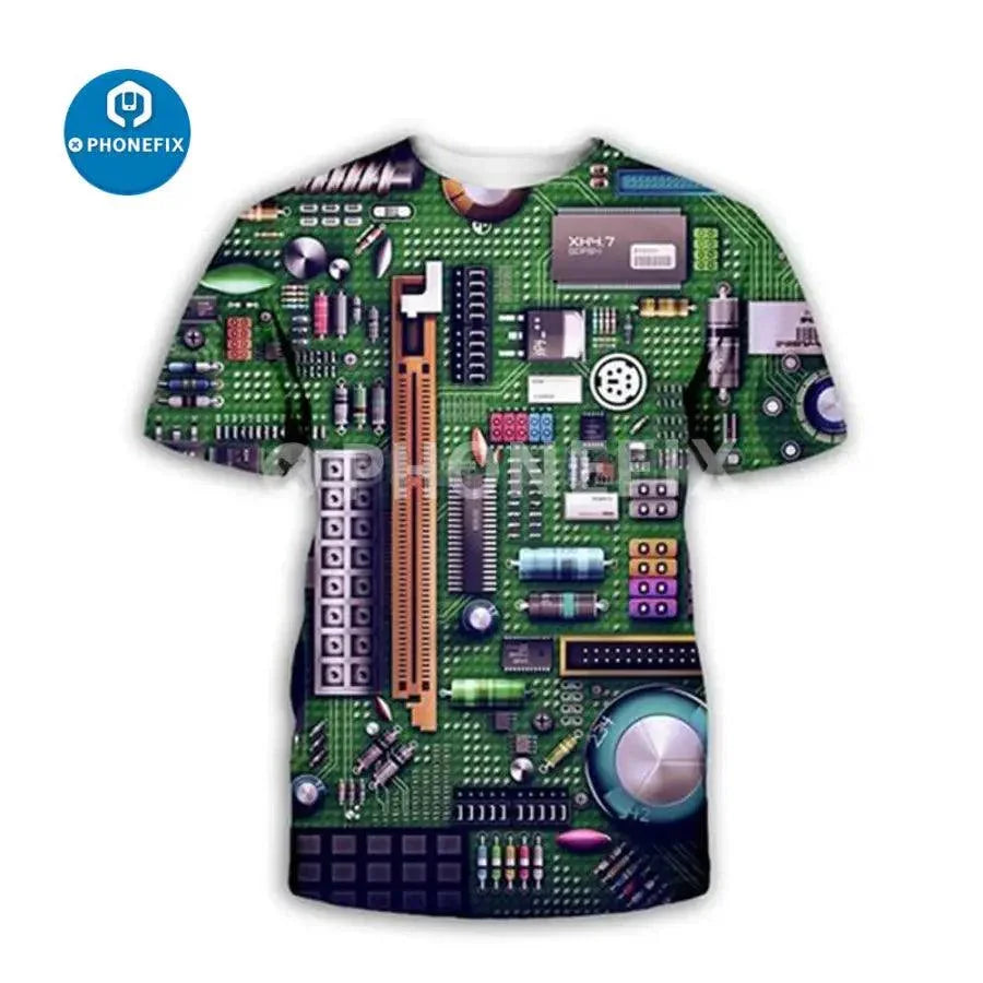 PhoneFix men's brown 3D print hip-hop style T-shirt featuring electronic IC design for phone repair enthusiasts.