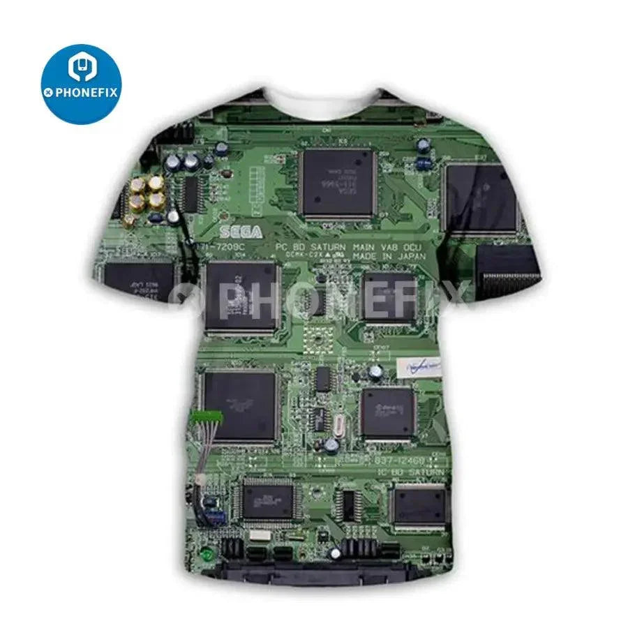 Brown electronic IC 3D print hip-hop style T-shirt for men by PHONEFIX, featuring phone repair graphics and modern design.