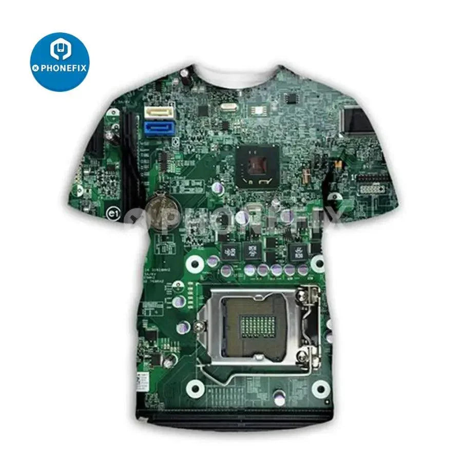 Men's brown PhoneFix Electronic IC 3D print hip-hop style T-shirt featuring phone repair graphics and casual fit.