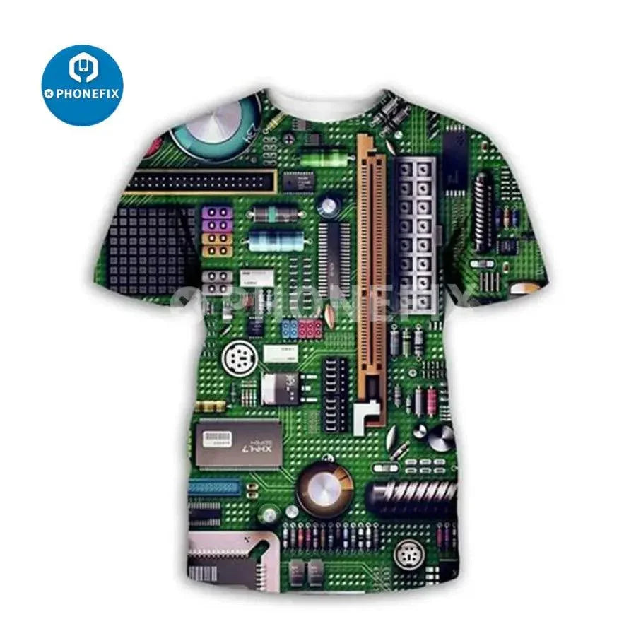 Brown men's T-shirt by PHONEFIX featuring electronic IC 3D print with hip-hop style, designed for phone repair enthusiasts.