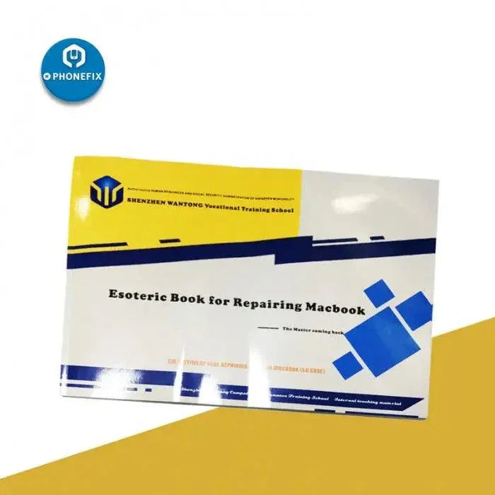 Professional repair book for MacBook and repair guide by PHONEFIX, featuring detailed instructions and diagrams for repairs.